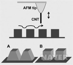 탄소나노튜브가 부착된 AFM 팁의 모형도.